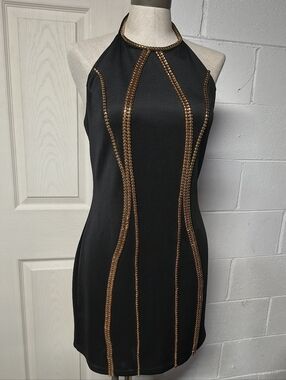 bebe Black Halter Mini Dress with Gold Beaded Trim